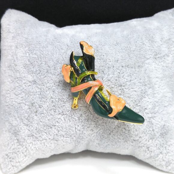 Vintage Kenneth Jay Lane Enamel High Heel Shoe Brooch, Green & Pink Lily Design - Picture 8 of 10